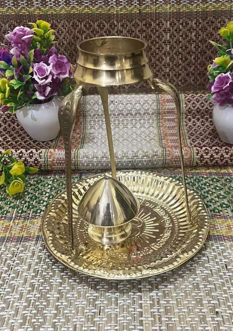Chkoteravatiya Brass Jaldhari Stand With Plate 7 Inch Set For Shivling Jalabhishek Decorative Showpiece - 17 Cm(Brass Gold) - Indya
