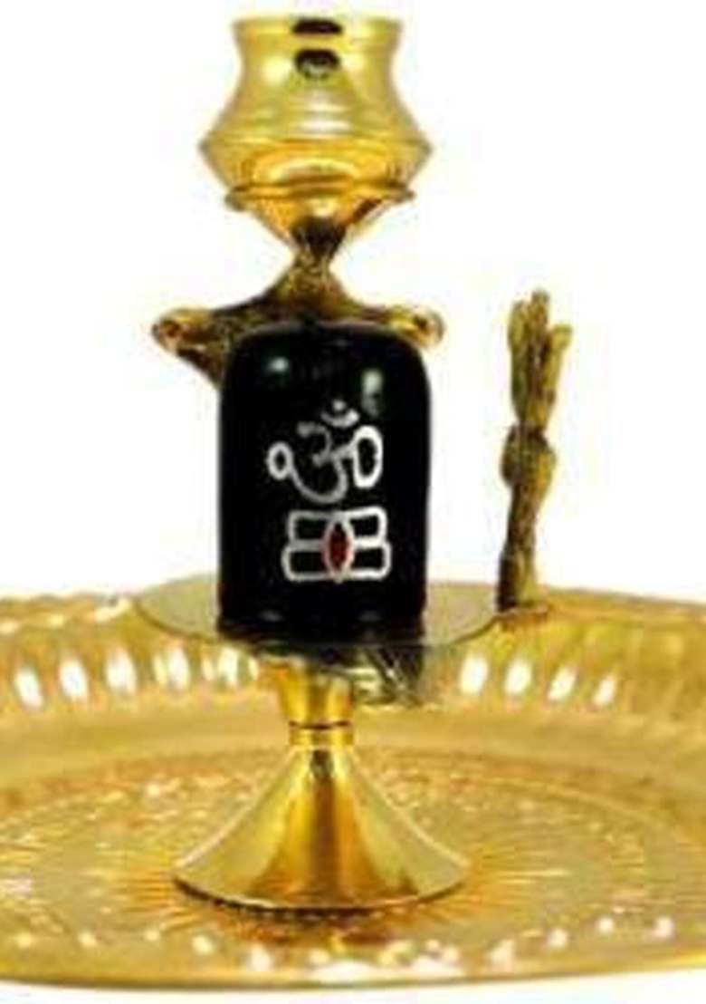 Navyaksh Shaligram Shiva Ling Lingam Statue Hindu Puja Brass Stand With Decorative Pooja Thali Shivling Marble Stone Snake Trishul Set Home Decore Religious Spiritual Temple Decorative Showpiece - 10 Cm (Metal Gold) Decorative Showpiece - 8 Cm(Brass G - Indya