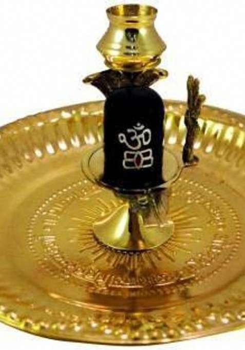 Navyaksh Shaligram Shiva Ling Lingam Statue Hindu Puja Brass Stand With Decorative Pooja Thali Shivling Marble Stone Snake Trishul Set Home Decore Religious Spiritual Temple Decorative Showpiece - 10 Cm (Metal Gold) Decorative Showpiece - 8 Cm(Brass G
