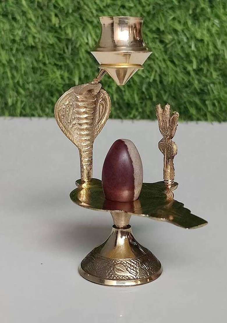 A & S Ventures Narmadeshwar Shivling With Brass Jalahari And Abhishek Patra Decorative Showpiece - 10 Cm(Brass Gold) - Indya