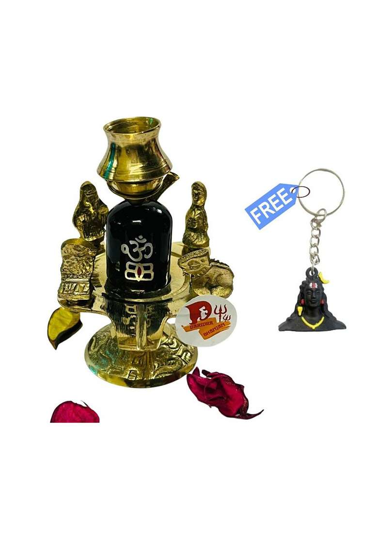 Daridra Bhanjan Black Shiva Ling Shivling With Brass Kalash With Stand Adiyogi Key Free Decorative Showpiece - 10 Cm(Brass Black Gold) - Indya