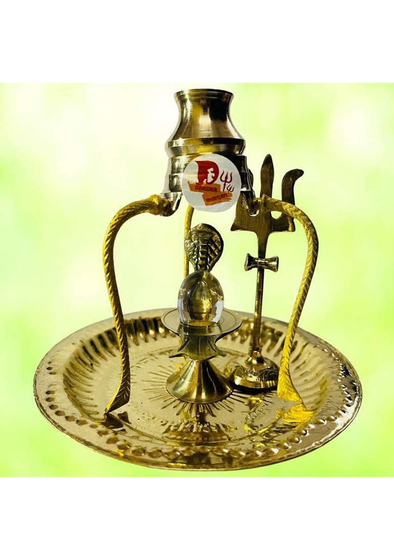 Daridra Bhanjan Crystal Shaligram Shiva Ling/Shivling Jalahari Yoni Brass Plate Trishul Pooja Decorative Showpiece - 14 Cm(Brass Gold) - Indya