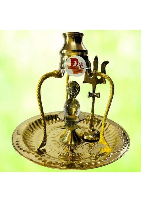 Daridra Bhanjan Crystal Shaligram Shiva Ling/Shivling Jalahari Yoni Brass Plate Trishul Pooja Decorative Showpiece - 14 Cm(Brass Gold)