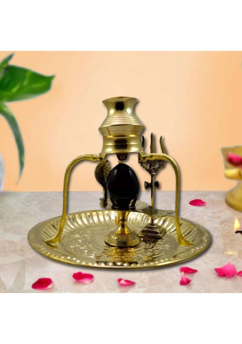 Sbbco Black Shaligram Shivling Brass Trishul Jalahari Yoni Plate Kalash Stand Trishul Decorative Showpiece - 14 Cm(Brass Gold) - Indya
