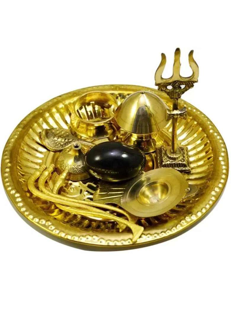 Sbbco Black Shaligram Shivling Brass Trishul Jalahari Yoni Plate Kalash Stand Trishul Decorative Showpiece - 14 Cm(Brass Gold) - Indya