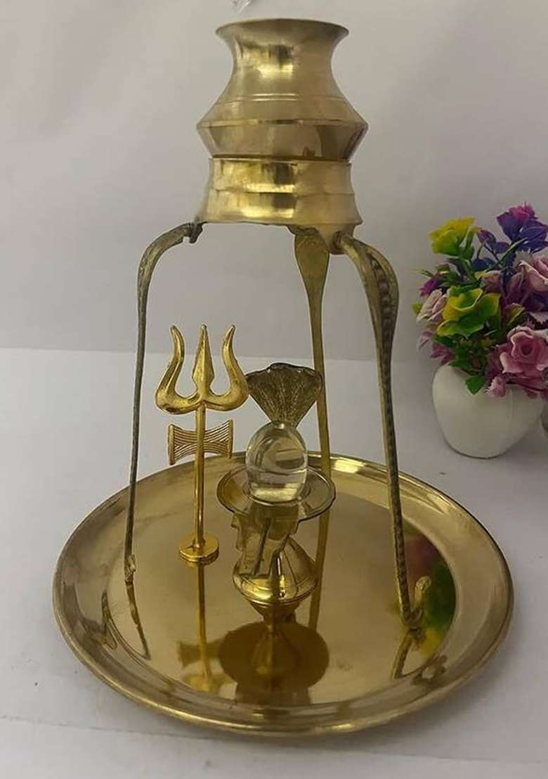 Chkoteravatiya Shivling Jalabhishek Stand Crystal Shaligram Jalheri With Trishul Combo Decorative Showpiece - 15 Cm(Brass Gold) - Indya