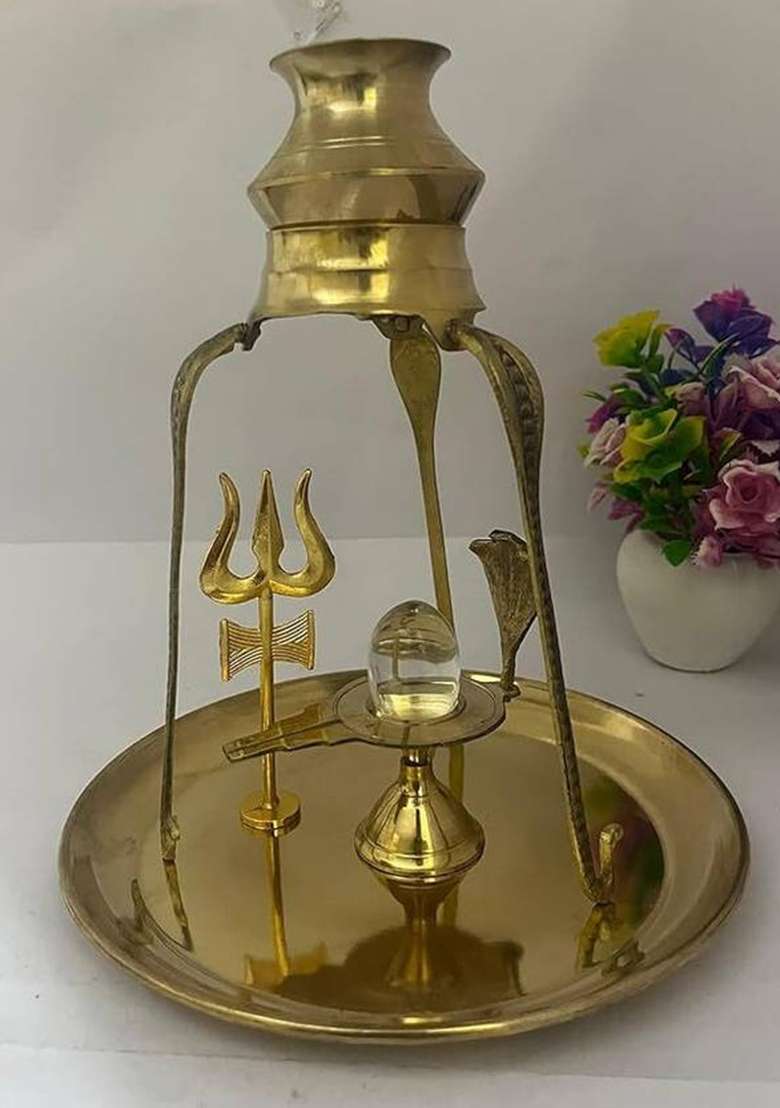 Chkoteravatiya Shivling Jalabhishek Stand Crystal Shaligram Jalheri With Trishul Combo Decorative Showpiece - 15 Cm(Brass Gold) - Indya