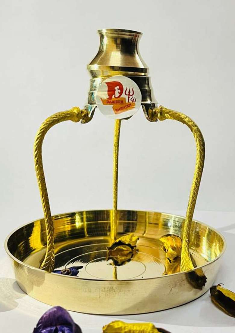 Daridra Bhanjan Brass Shiva Ling Lingam Shivling Stand With Brass Pooja Plate Decorative Showpiece - 14 Cm(Brass Gold) - Indya