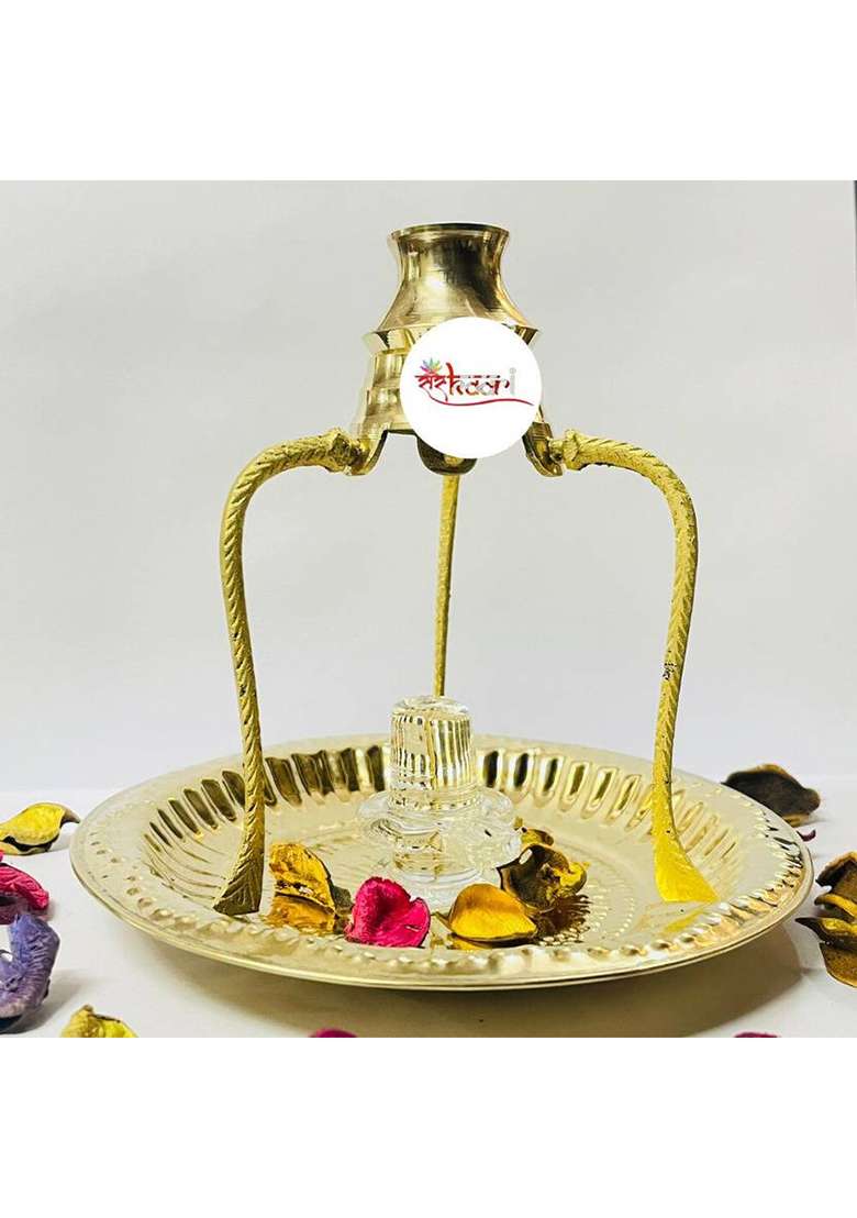 Sanskaari Mahadev Crystal Shivling Shivling Stand Brass Plate Shiva Idol Decorative Showpiece - 14 Cm(Brass Gold) - Indya