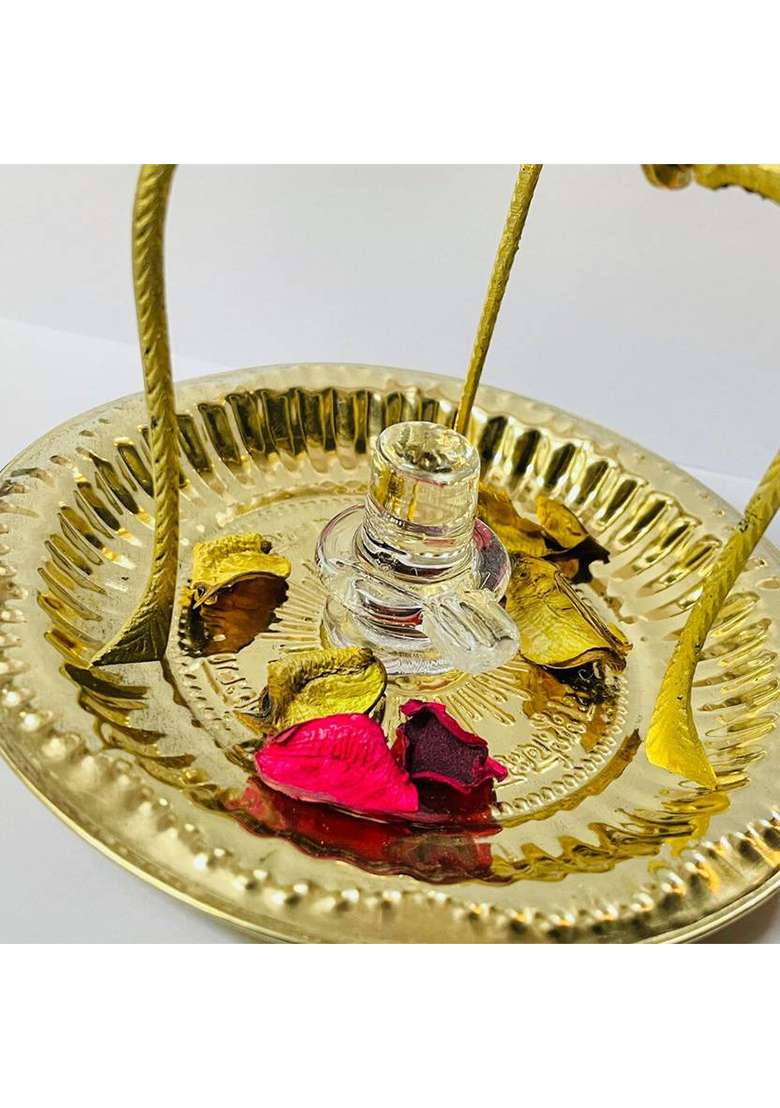 Sanskaari Mahadev Crystal Shivling Shivling Stand Brass Plate Shiva Idol Decorative Showpiece - 14 Cm(Brass Gold) - Indya