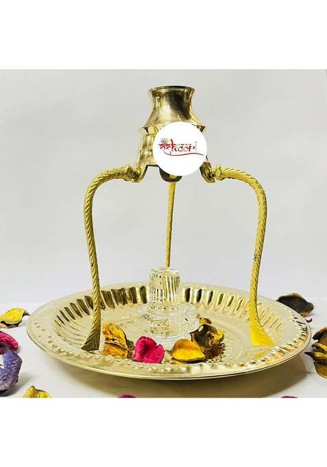 Sanskaari Mahadev Crystal Shivling Shivling Stand Brass Plate Shiva Idol Decorative Showpiece - 14 Cm(Brass Gold)