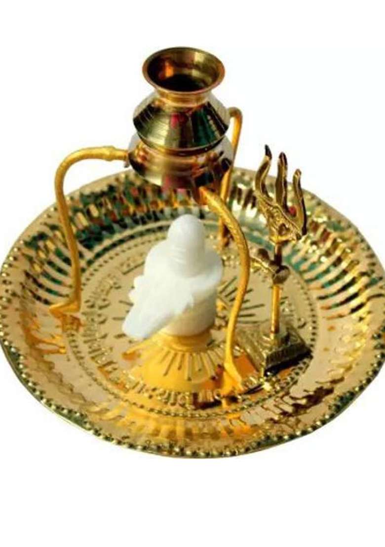 Adiyogi Marble Shivling Shiva Ling/Shivling With Brass Plate Kalash With Stand Decorative Showpiece - 12 Cm(Brass Gold) - Indya