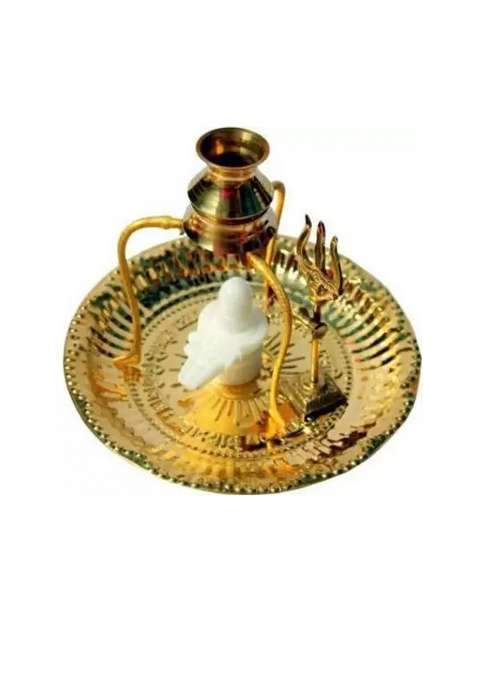 Adiyogi Marble Shivling Shiva Ling/Shivling With Brass Plate Kalash With Stand Decorative Showpiece - 12 Cm(Brass Gold)