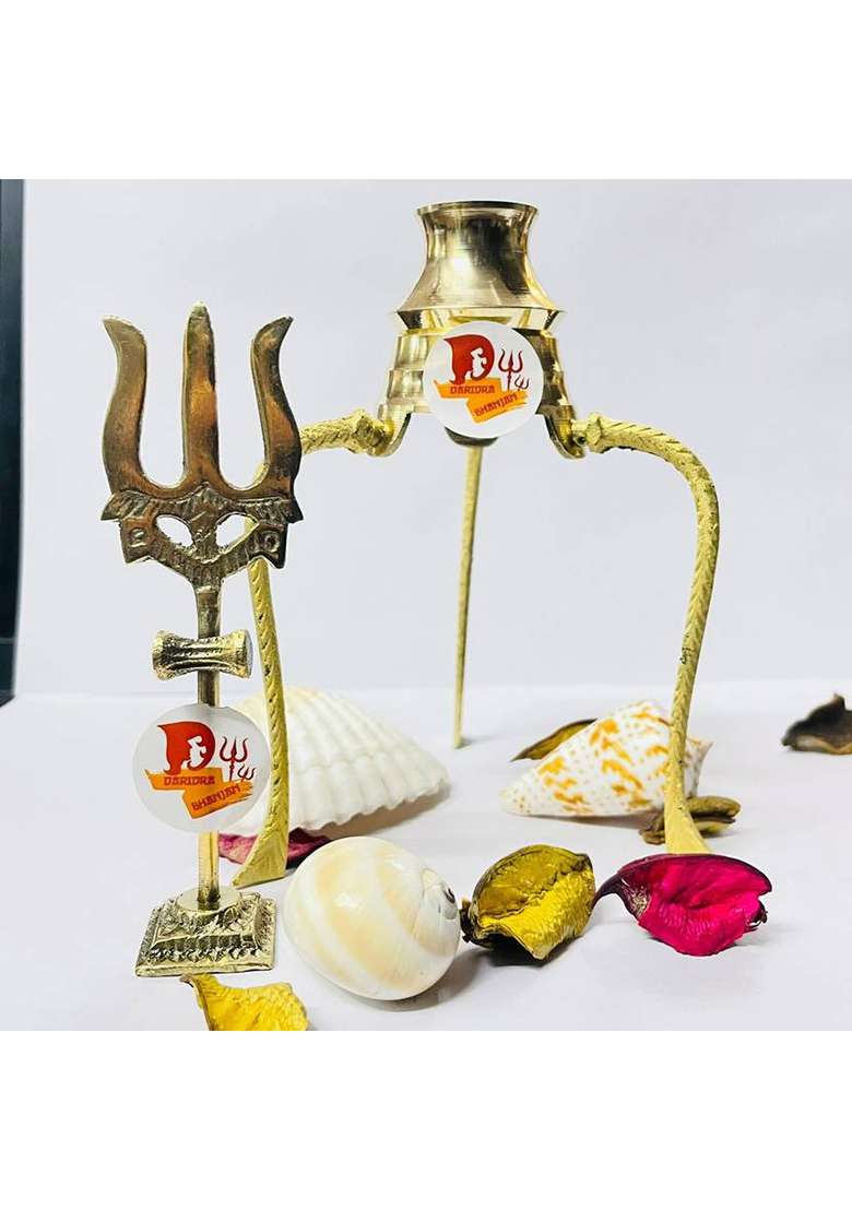 Daridra Bhanjan Brass Trishul With Stand Shivling Stand Shiva Idol Shivling Water Stand Decorative Showpiece - 12 Cm(Brass Gold) - Indya