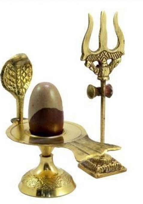 Daridra Bhanjan Narmadeshwar Shiva Ling / Shivling With Brass Jalahari Yoni Stand With Trishul / Shivling Stand Decorative Showpiece - 13 Cm(Brass Gold Black Brown)