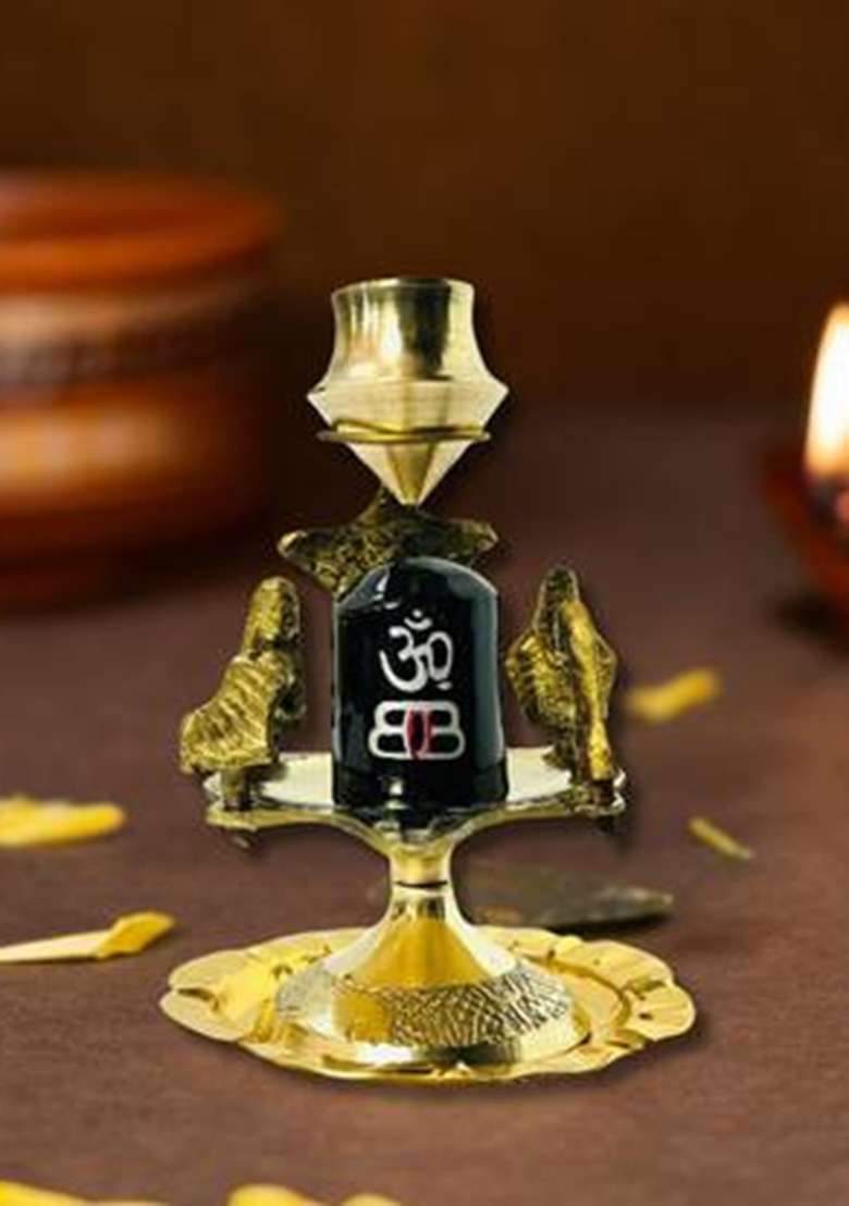 Daridra Bhanjan Shivling Kalash Stand With Plate & Nag Black Stone Shivling Decorative Showpiece - 10 Cm(Brass Gold) - Indya