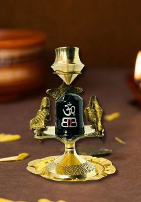 Daridra Bhanjan Shivling Kalash Stand With Plate & Nag Black Stone Shivling Decorative Showpiece - 10 Cm(Brass Gold)