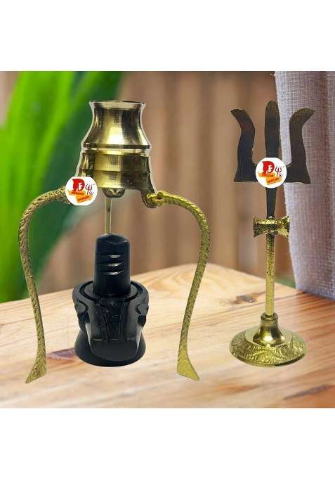Daridra Bhanjan Marble Black Shivling With Kalash Stand & Shiva TrishulWater Stand For Shivling Decorative Showpiece - 12 Cm(Brass Gold)