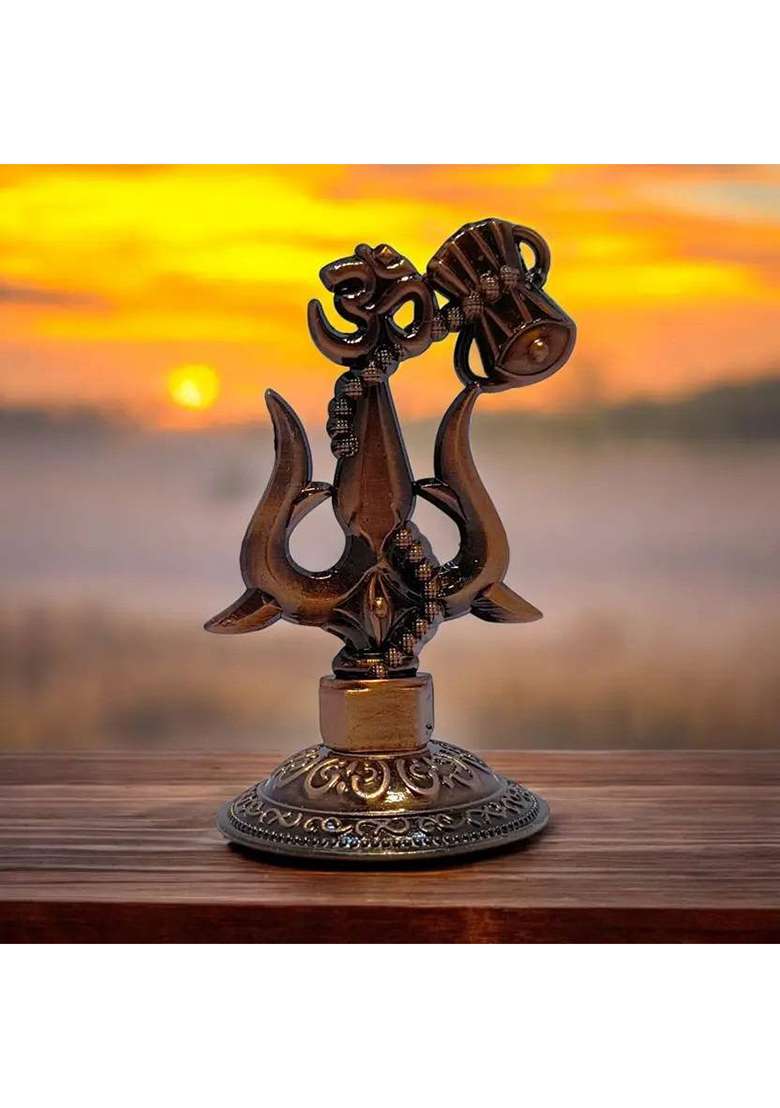 Daridra Bhanjan Lord Shiva Trishul With Damru /Symbols Of Lord Shiva / Shiva Idol Car Dashboard Decorative Showpiece - 8 Cm(Metal Brown) - Indya