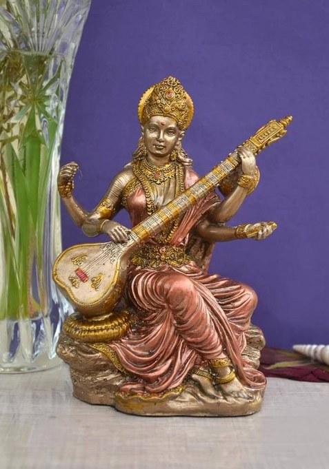 Mishtukocrafts Beautiful Maa Saraswati Murti Sculpture Hindu God Idol For Knowledge ( White ) Decorative Showpiece - 15 Cm(Resin Multicolor)