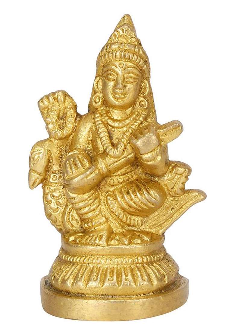 Tryfeet Superfine Brass Vidya Ki Devi Hans Vahini Mata Saraswati Murti Decorative Showpiece - 6.5 Cm(Brass Gold) - Indya