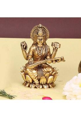 Utsavicraft Superfine Antique Goddess Of Knowledge Saraswati Mata Idol Decorative Showpiece - 6.5 Cm(Brass Gold)