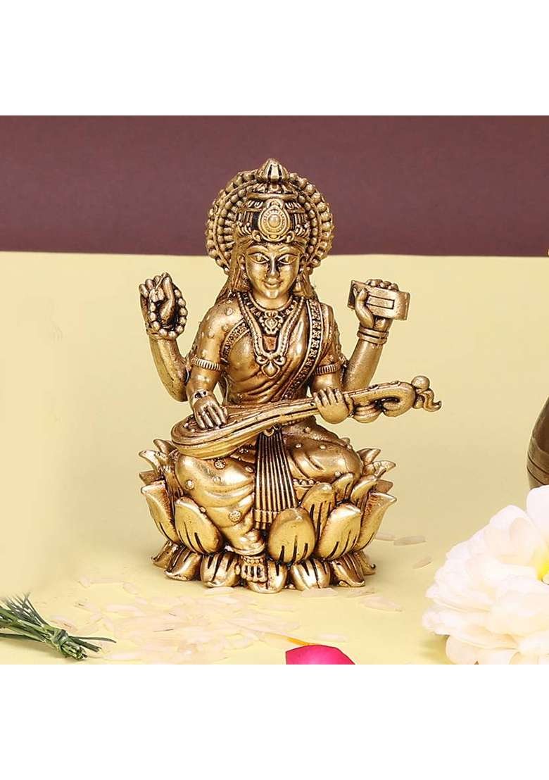 Utsavicraft Superfine Antique Goddess Of Knowledge Saraswati Mata Idol Decorative Showpiece - 6.5 Cm(Brass Gold) - Indya