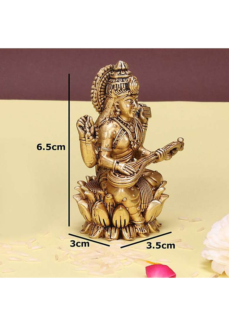 Utsavicraft Superfine Antique Goddess Of Knowledge Saraswati Mata Idol Decorative Showpiece - 6.5 Cm(Brass Gold) - Indya