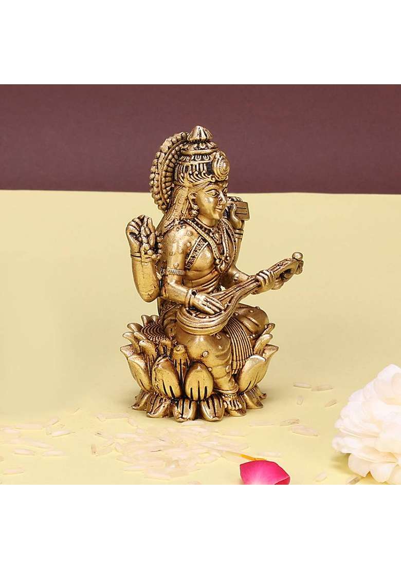 Utsavicraft Superfine Antique Goddess Of Knowledge Saraswati Mata Idol Decorative Showpiece - 6.5 Cm(Brass Gold) - Indya