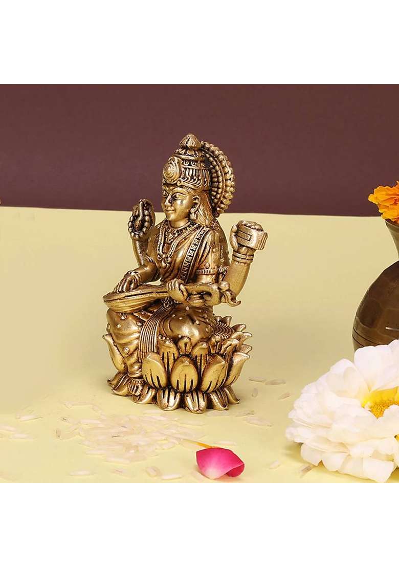 Utsavicraft Superfine Antique Goddess Of Knowledge Saraswati Mata Idol Decorative Showpiece - 6.5 Cm(Brass Gold) - Indya