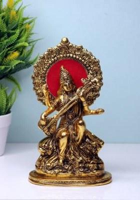 Puchchi Handicraft Aluminium Maa Saraswati Sitting On Hans For Home Decor And Temple Decorative Showpiece - 22.5 Cm(Aluminium Gold)