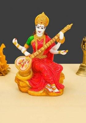 Mishtukocrafts Beautiful Maa Saraswati Murti Sculpture Hindu God Idol For Knowledge ( White ) Decorative Showpiece - 15 Cm(Resin White Red)
