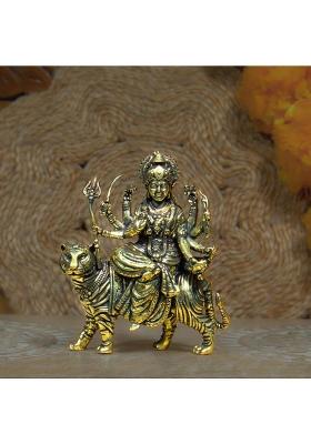 Antiqar Brass Sherawali Maa Idol Sitting On Lion Spiritual Idol For Temple & Home Decorative Showpiece - 6.5 Cm(Brass Gold Black)