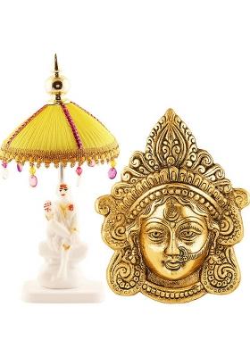 Jagriti Enterprise Sai Baba Idol Fabric Umbrella Metal Maa Durga Wall Hanging Puja Car Decorative Showpiece - 2 Cm(Marble Gold Plated Metal Multicolor)