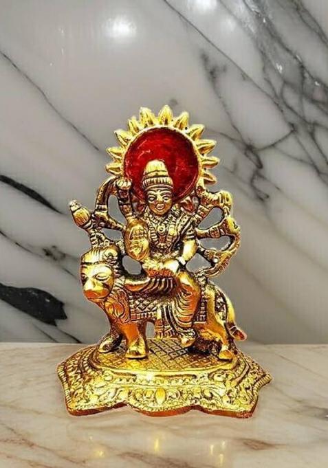 Daridra Bhanjan Durga Maa MurtiShero Vali Maa Metal StatueDurga Idol Decorative Showpiece - 12 Cm(Metal Gold)