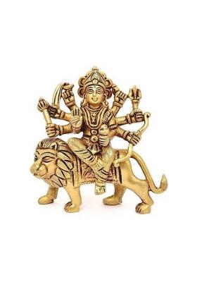 Bharat Idols 4 Inch Sherawali Maa Statue Durga Ji Sitting Murti Adi Shakti Idol For Home Puja Decorative Showpiece - 10.16 Cm(Brass Gold)