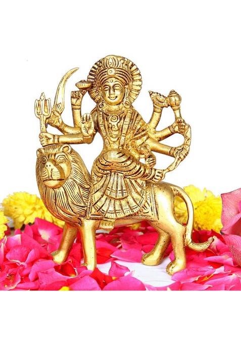 Aalayam Selveer Durga Maa Idol Brass Maa Durga Idol Durga Maa Idol Brass Decorative Showpiece - 15 Cm(Brass Gold)