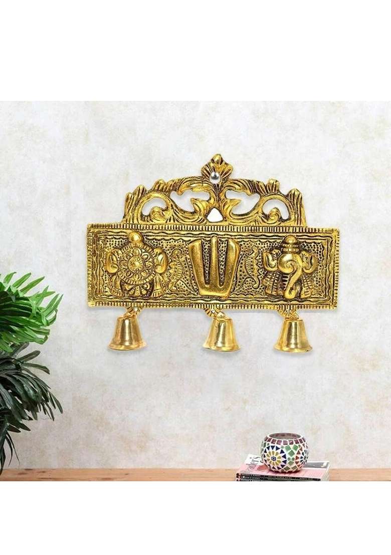 Rrbattlepoint Tirupati Balaji Door Hanging Shankh Chakra Namah Latkan For Home Gift Idol Decorative Showpiece - 16 Cm(Metal Gold) - Indya