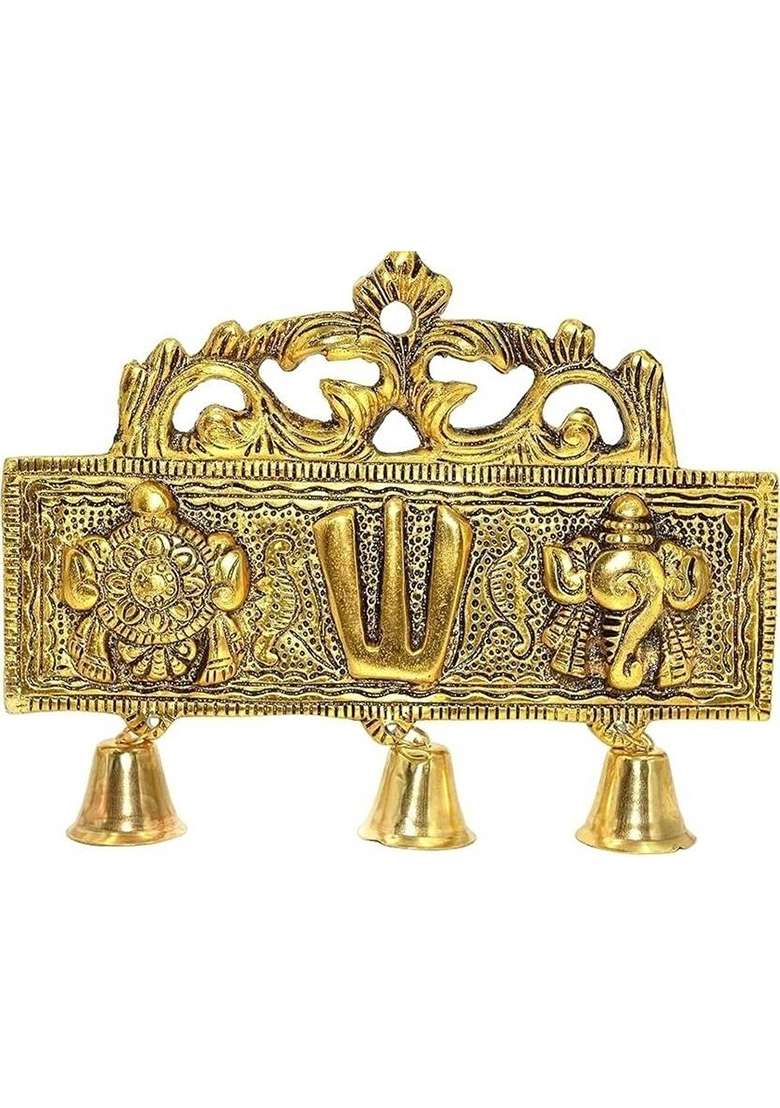 Rrbattlepoint Tirupati Balaji Door Hanging Shankh Chakra Namah Latkan For Home Gift Idol Decorative Showpiece - 16 Cm(Metal Gold) - Indya