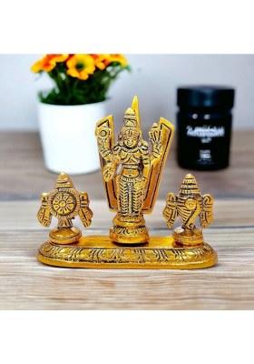 Sp Handicrafts Shankh Chakra Stand With Perumal Idol Sangu Chakram Stand With Tirupati Balaji Decorative Showpiece - 9 Cm(Brass Gold)