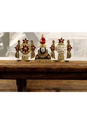 Astramart Tirupati Balaji / Perumal Shankh Chakra Red Stone On Head Gold Metal Idol Decorative Showpiece - 11 Cm(Metal Multicolor)