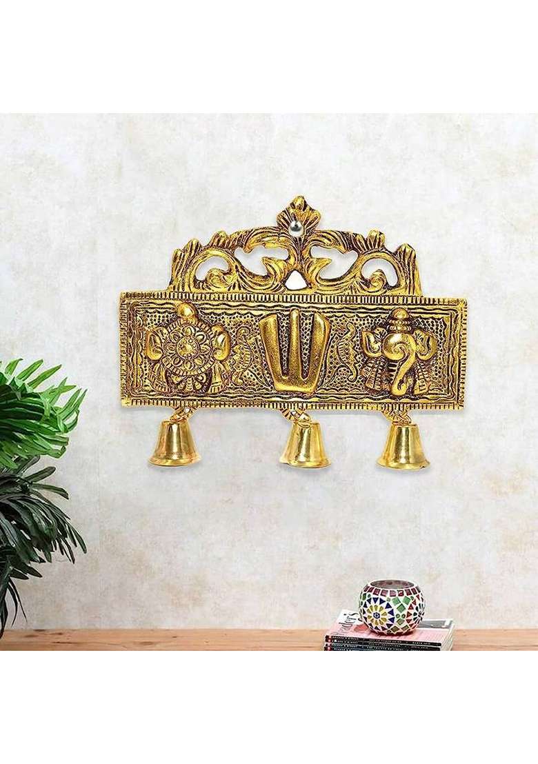 Uniquepacks Tirupati Door Hanging Shankh Chakra Namah With Bells Tirupati Wall Hanging Decorative Showpiece - 15 Cm(Metal Gold) - Indya