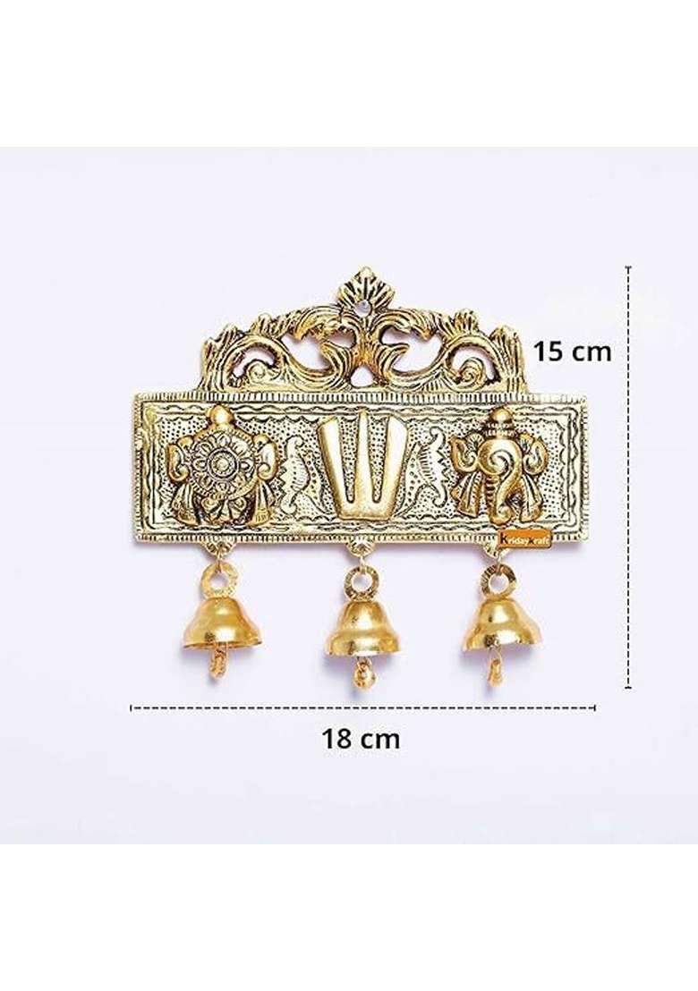 Uniquepacks Tirupati Door Hanging Shankh Chakra Namah With Bells Tirupati Wall Hanging Decorative Showpiece - 15 Cm(Metal Gold) - Indya