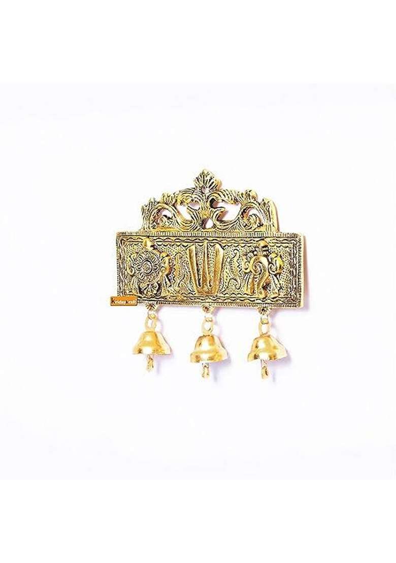 Uniquepacks Tirupati Door Hanging Shankh Chakra Namah With Bells Tirupati Wall Hanging Decorative Showpiece - 15 Cm(Metal Gold) - Indya