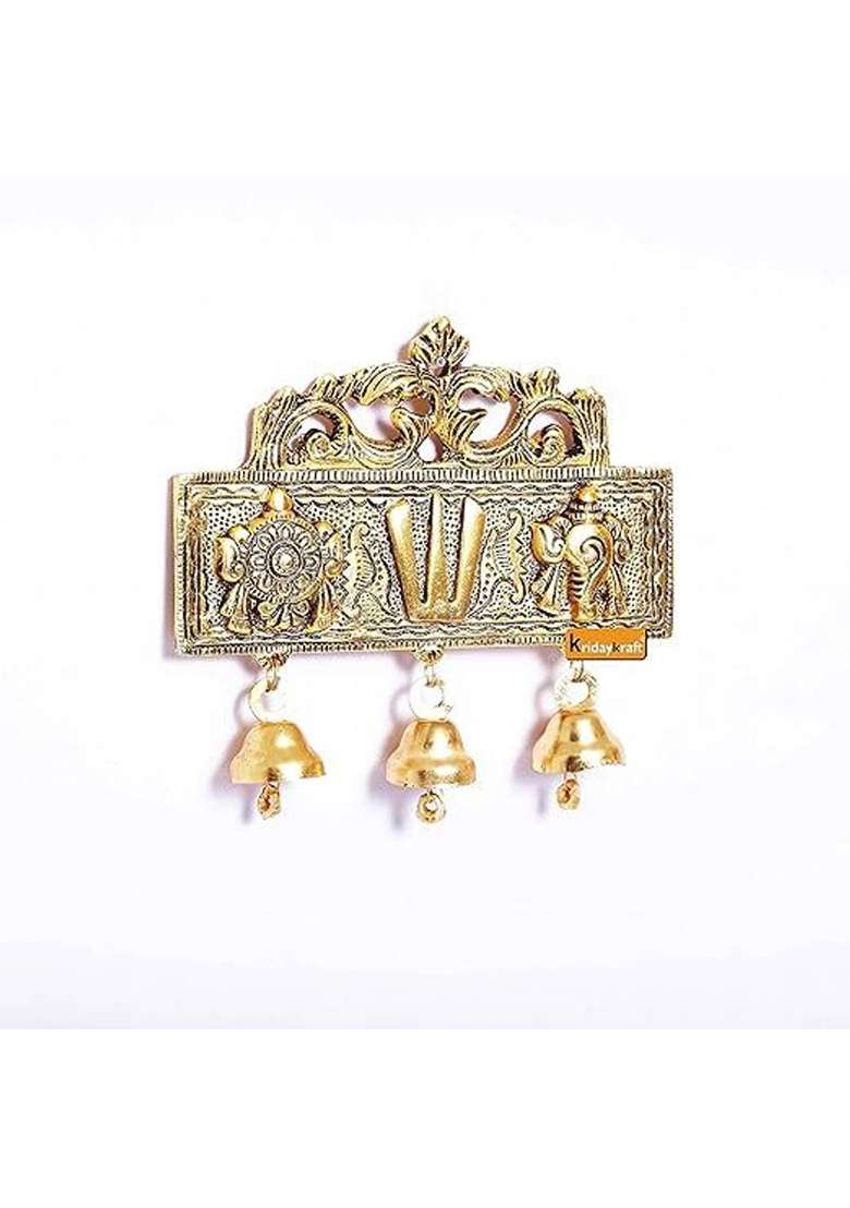 Uniquepacks Tirupati Door Hanging Shankh Chakra Namah With Bells Tirupati Wall Hanging Decorative Showpiece - 15 Cm(Metal Gold) - Indya