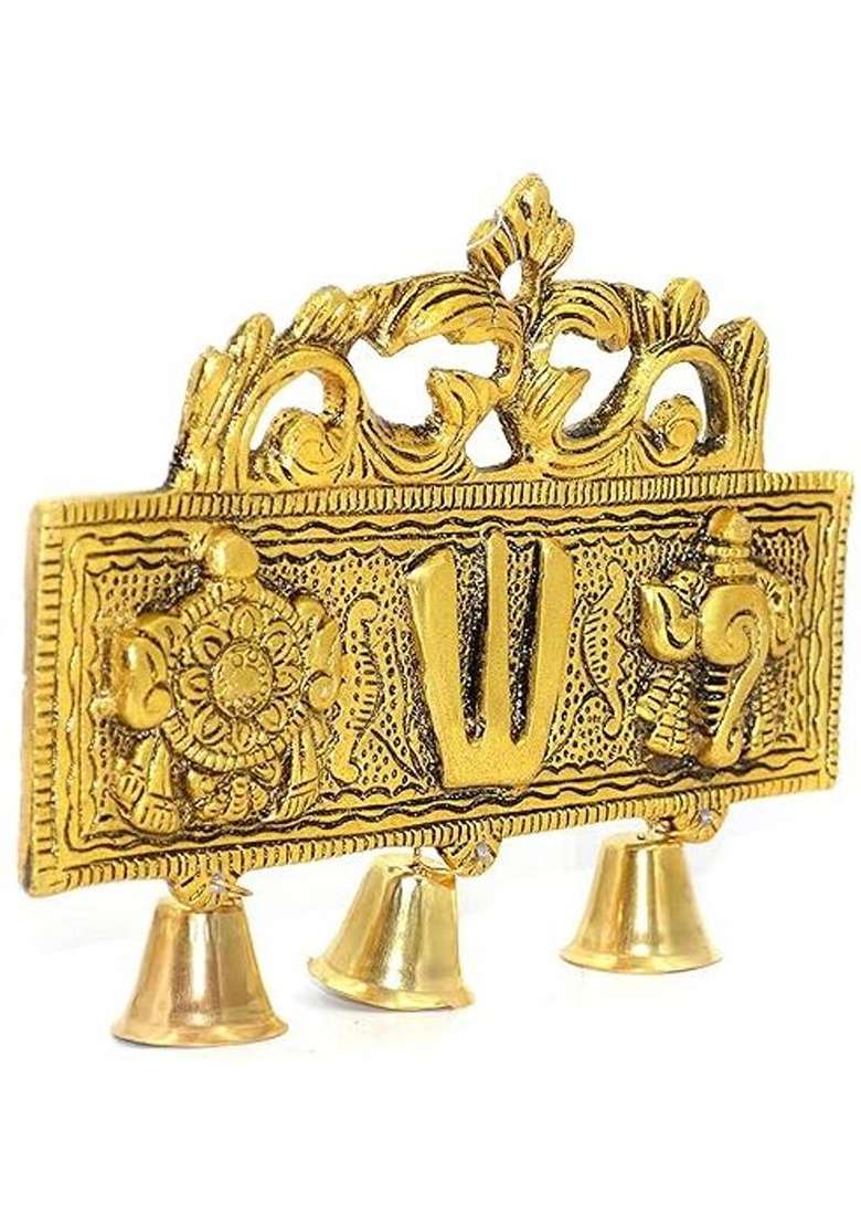 A & S Ventures Tirupati Door Wall Hanging Shankh Chakra Namah With Bells Decorative Showpiece - 16 Cm(Metal Gold) - Indya