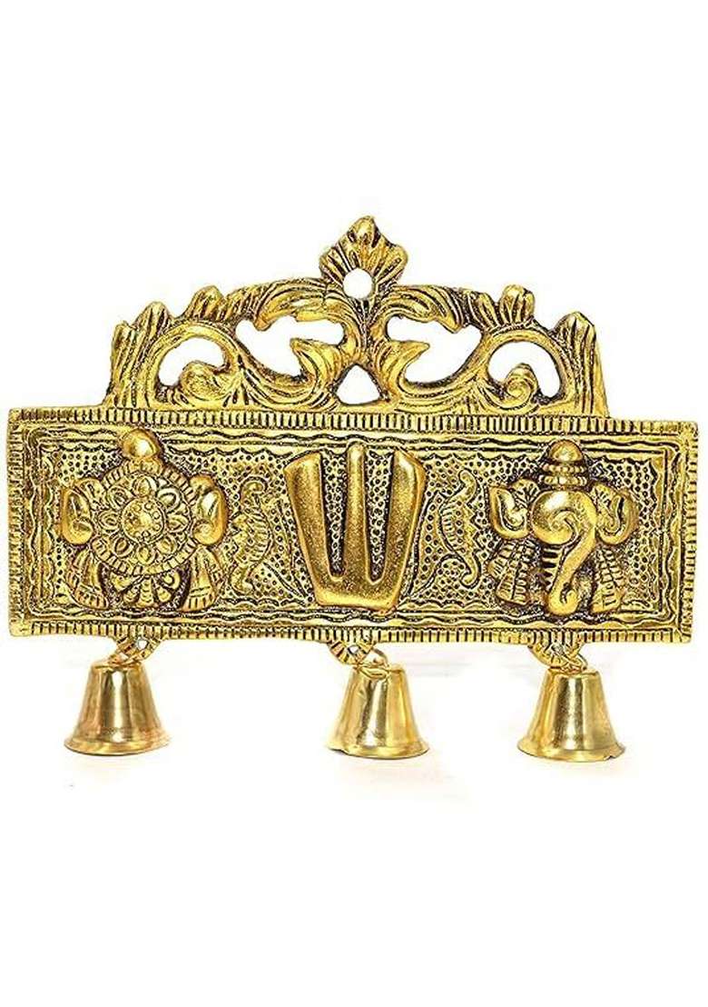 A & S Ventures Tirupati Door Wall Hanging Shankh Chakra Namah With Bells Decorative Showpiece - 16 Cm(Metal Gold) - Indya
