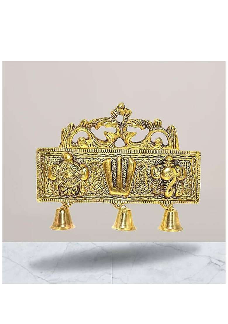 A & S Ventures Tirupati Door Wall Hanging Shankh Chakra Namah With Bells Decorative Showpiece - 16 Cm(Metal Gold) - Indya