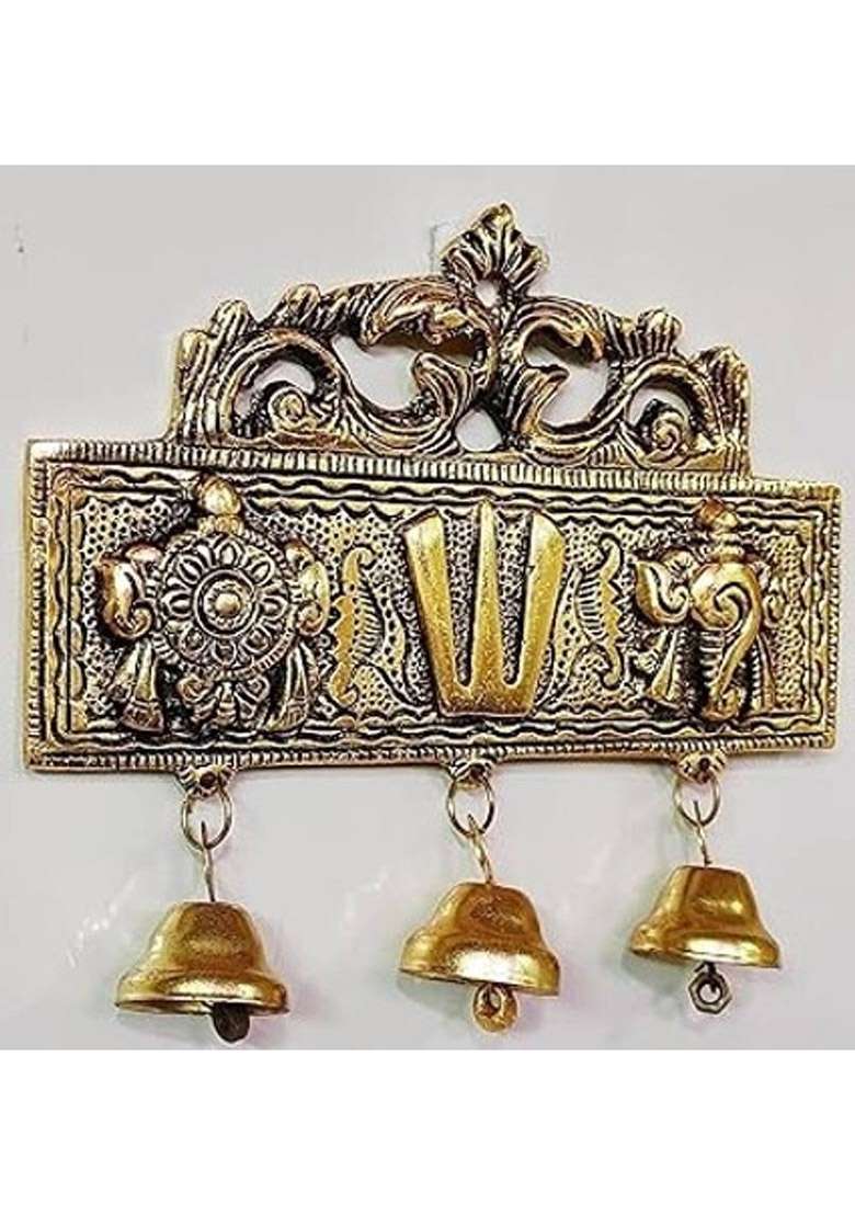 A & S Ventures Tirupati Door Wall Hanging Shankh Chakra Namah With Bells Decorative Showpiece - 16 Cm(Metal Gold) - Indya