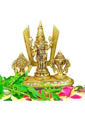 Aalayam Selveer Shankh Chakra Stand With Perumal Idol Sangu Chakram Stand With Tirupati Balaji Decorative Showpiece - 12.5 Cm(Brass Gold)